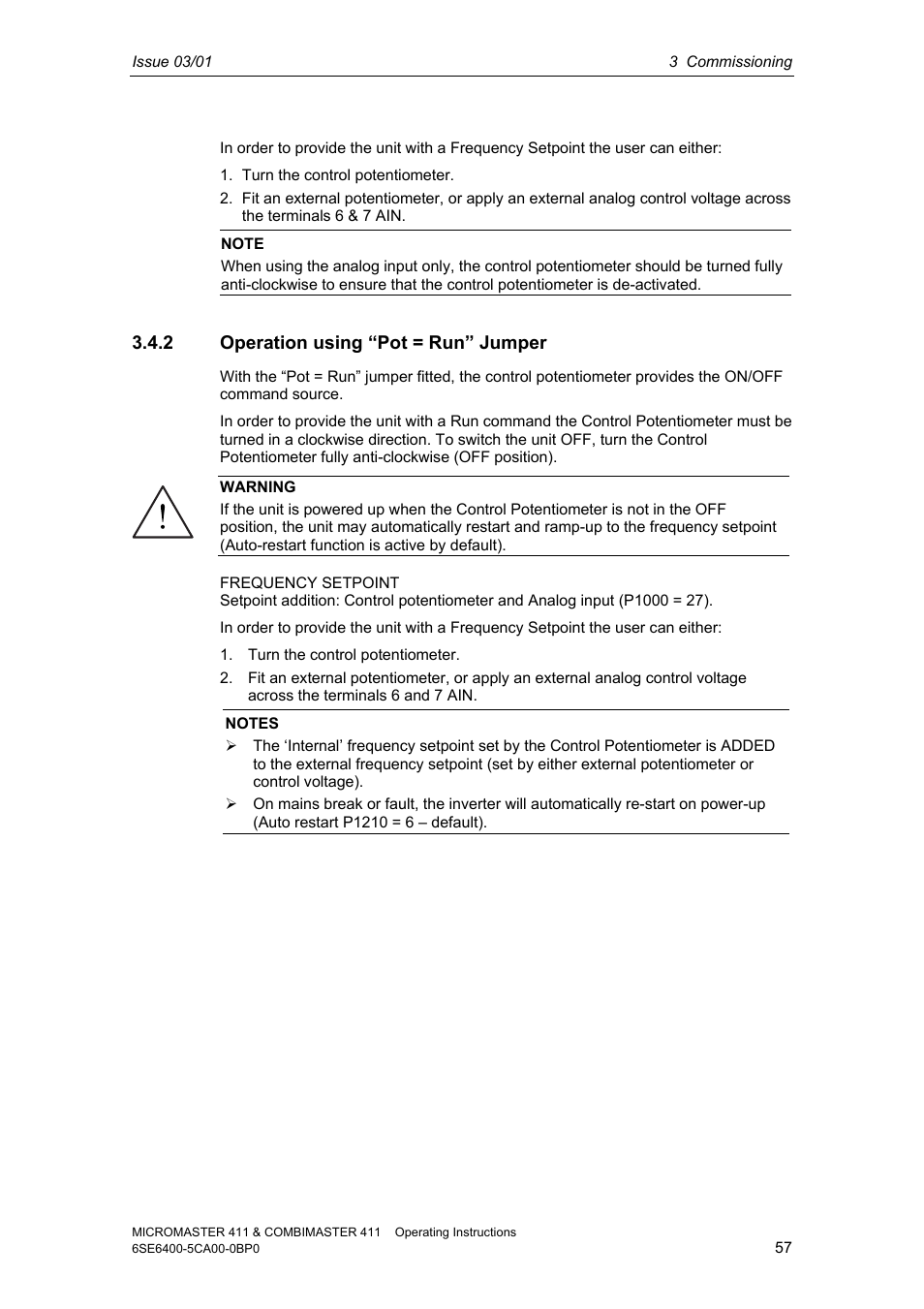 2 operation using “pot = run” jumper | Siemens MICROMASTER 411 User Manual | Page 57 / 164