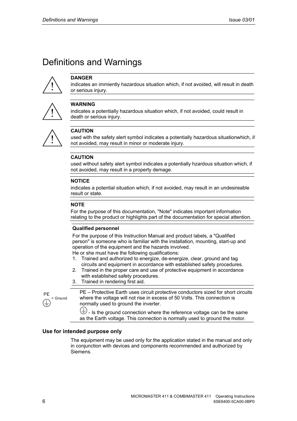 Definitions and warnings | Siemens MICROMASTER 411 User Manual | Page 6 / 164