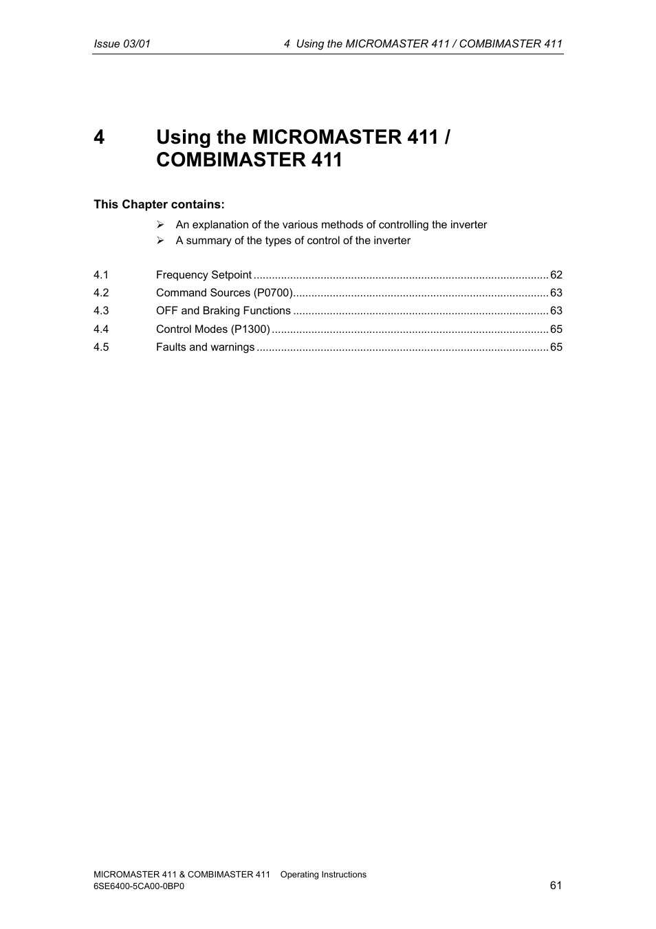 4 using the micromaster 411 / combimaster 411 | Siemens MICROMASTER 411 User Manual | Page 61 / 164