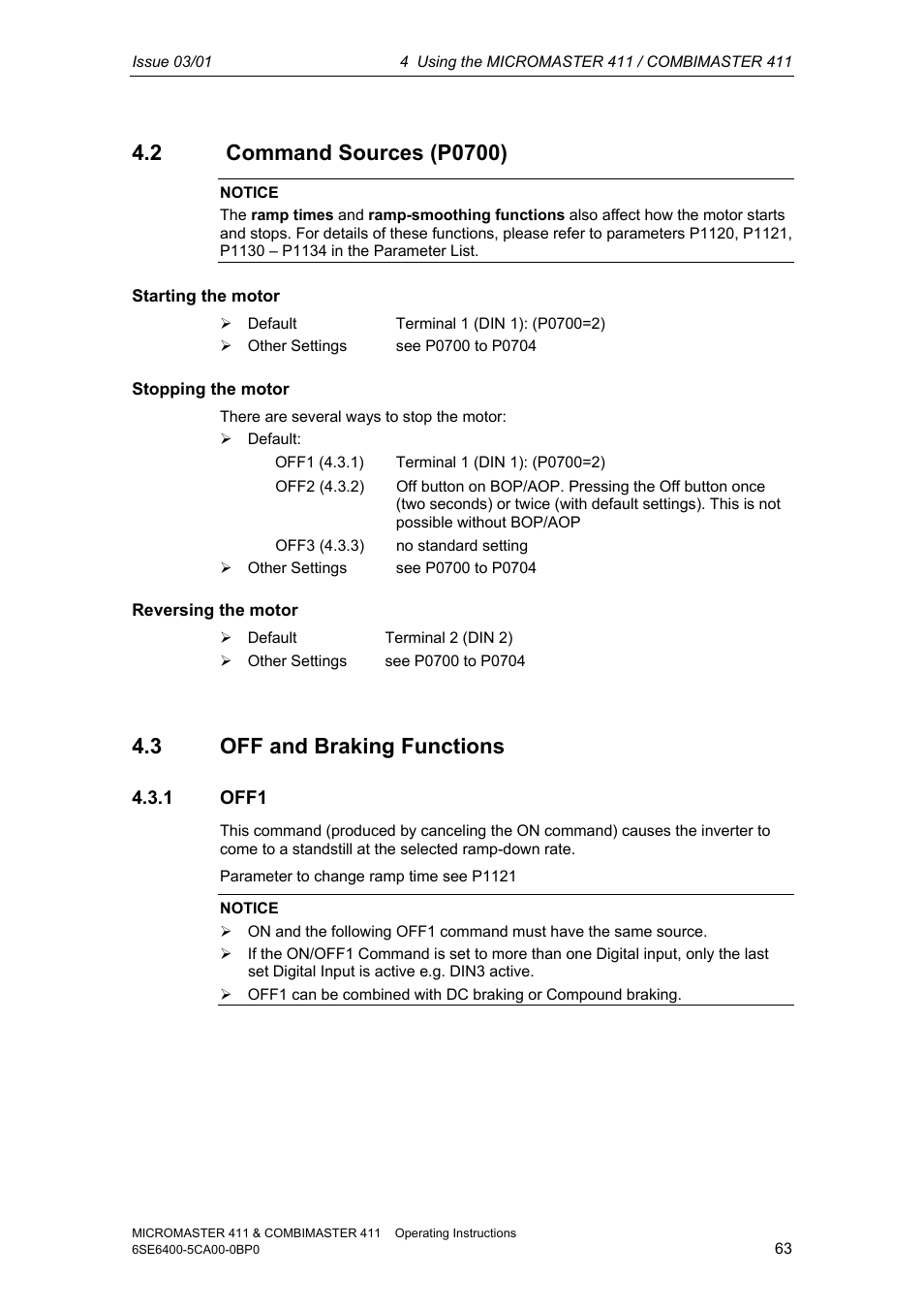 2 command sources (p0700), 3 off and braking functions, 1 off1 | Siemens MICROMASTER 411 User Manual | Page 63 / 164