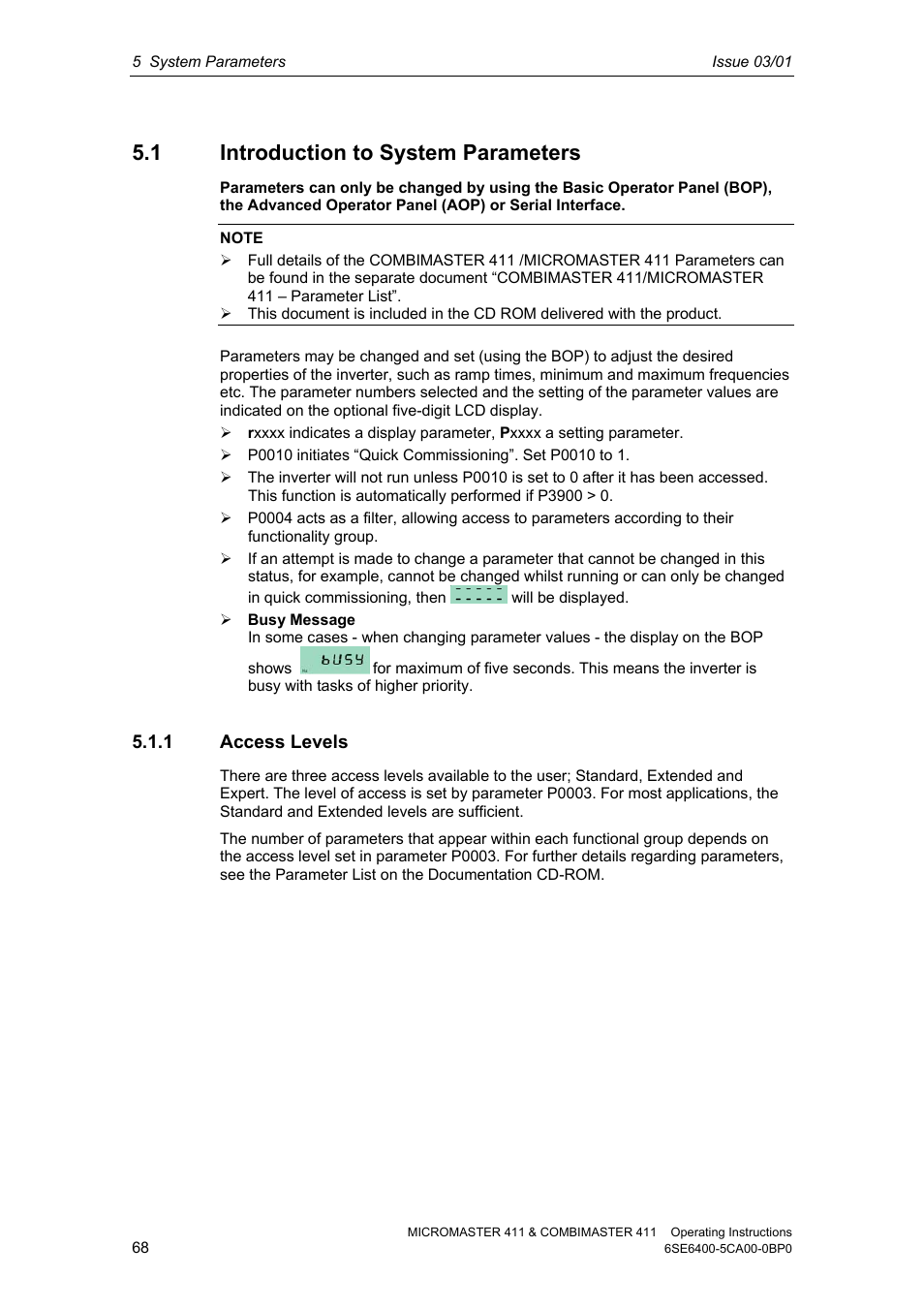 1 introduction to system parameters, 1 access levels | Siemens MICROMASTER 411 User Manual | Page 68 / 164
