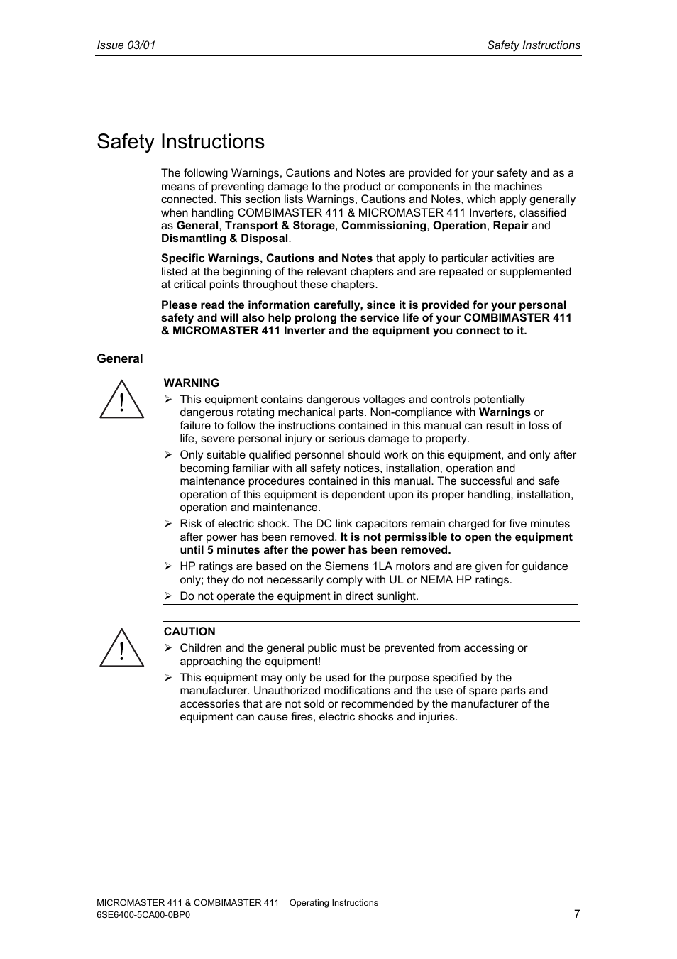 Safety instructions | Siemens MICROMASTER 411 User Manual | Page 7 / 164