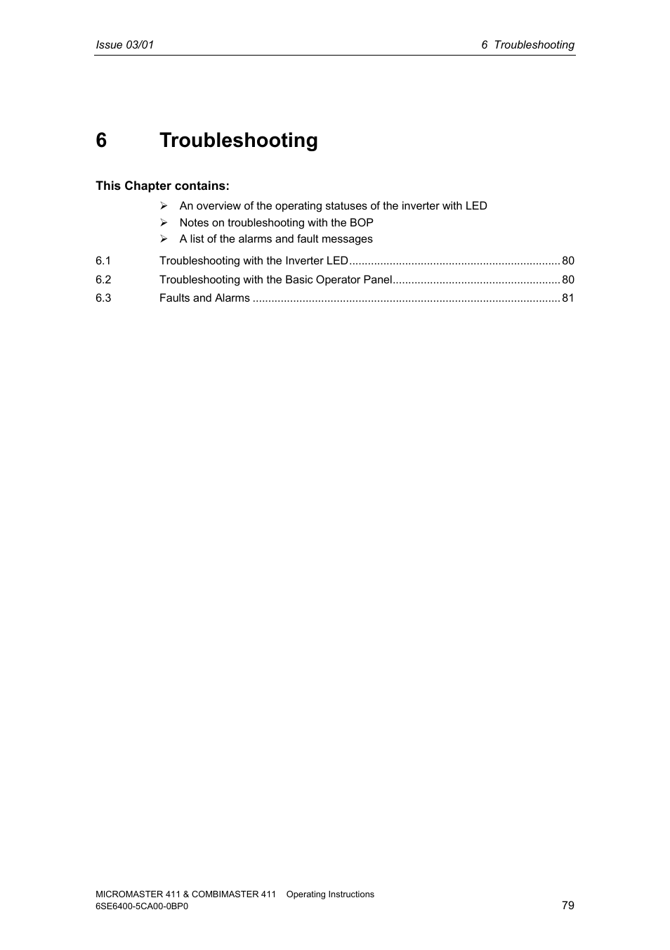 6 troubleshooting | Siemens MICROMASTER 411 User Manual | Page 79 / 164