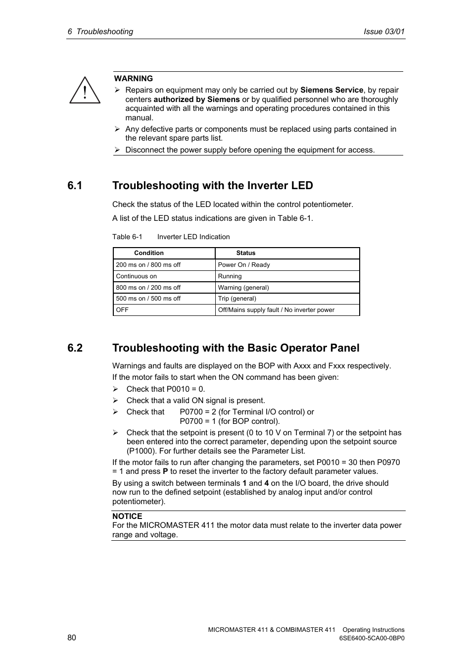 1 troubleshooting with the inverter led, 2 troubleshooting with the basic operator panel | Siemens MICROMASTER 411 User Manual | Page 80 / 164