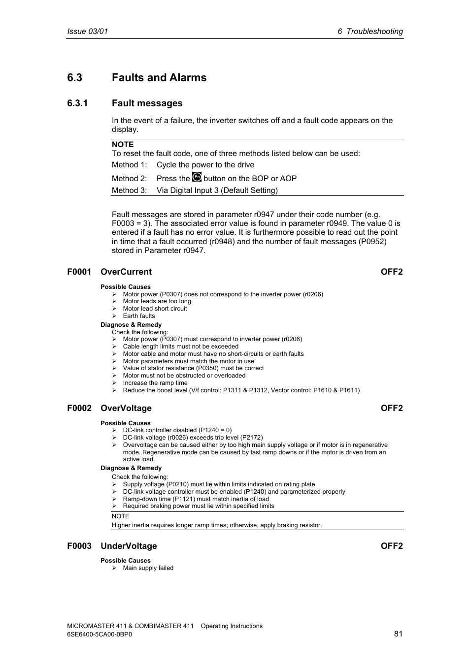 3 faults and alarms, 1 fault messages | Siemens MICROMASTER 411 User Manual | Page 81 / 164