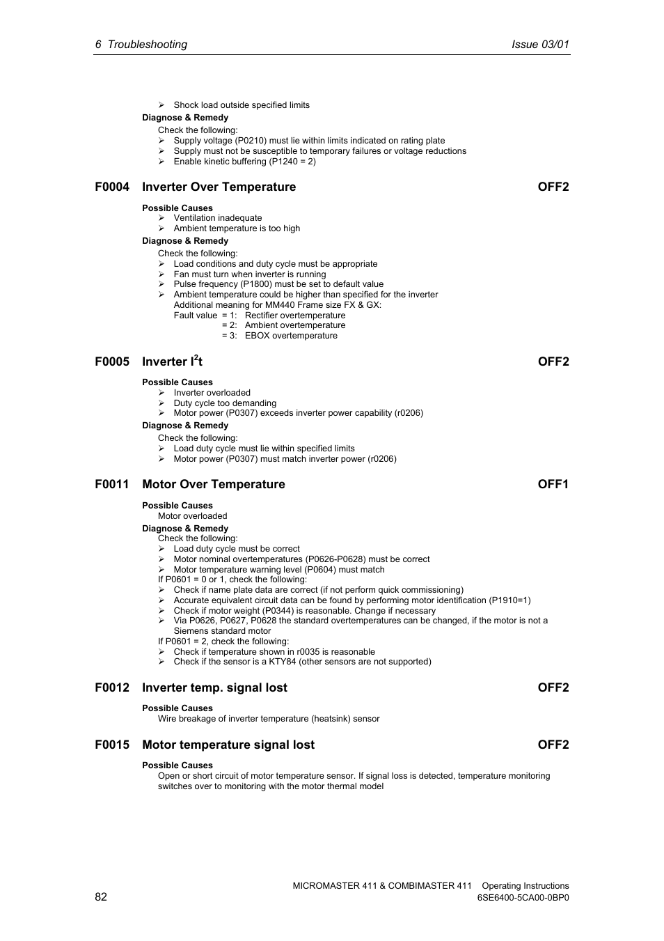 F0005 inverter i, T off2 | Siemens MICROMASTER 411 User Manual | Page 82 / 164