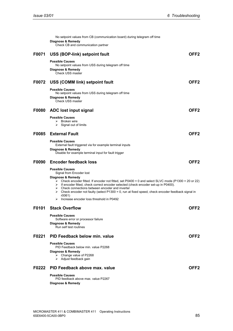 Siemens MICROMASTER 411 User Manual | Page 85 / 164