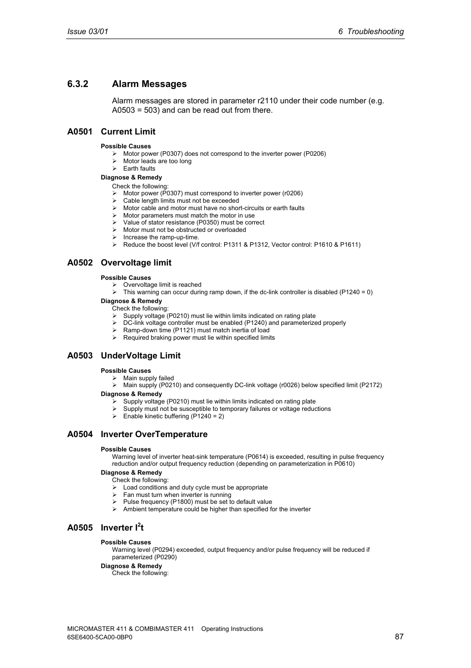 2 alarm messages, A0501 current limit, A0502 overvoltage limit | A0503 undervoltage limit, A0504 inverter overtemperature, A0505 inverter i | Siemens MICROMASTER 411 User Manual | Page 87 / 164