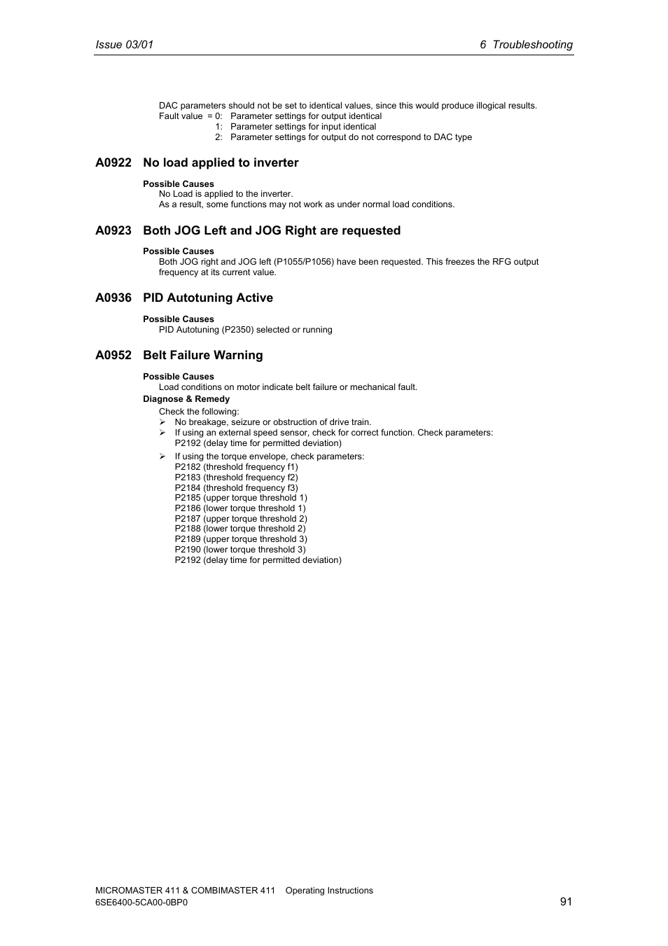 A0922 no load applied to inverter, A0923 both jog left and jog right are requested, A0936 pid autotuning active | A0952 belt failure warning | Siemens MICROMASTER 411 User Manual | Page 91 / 164