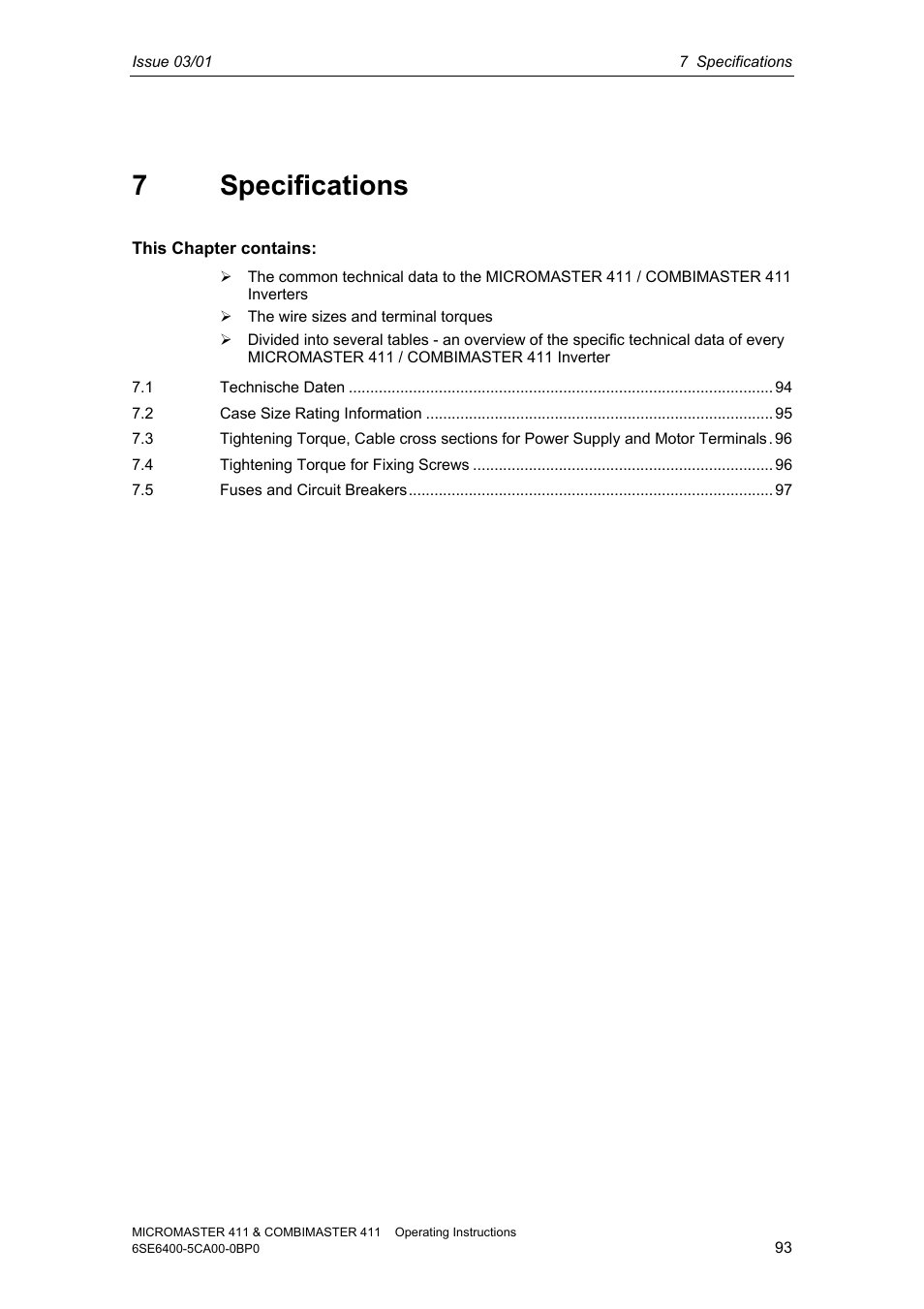 7 specifications | Siemens MICROMASTER 411 User Manual | Page 93 / 164