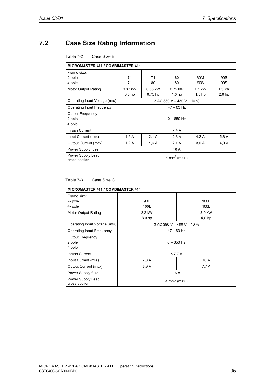 2 case size rating information | Siemens MICROMASTER 411 User Manual | Page 95 / 164