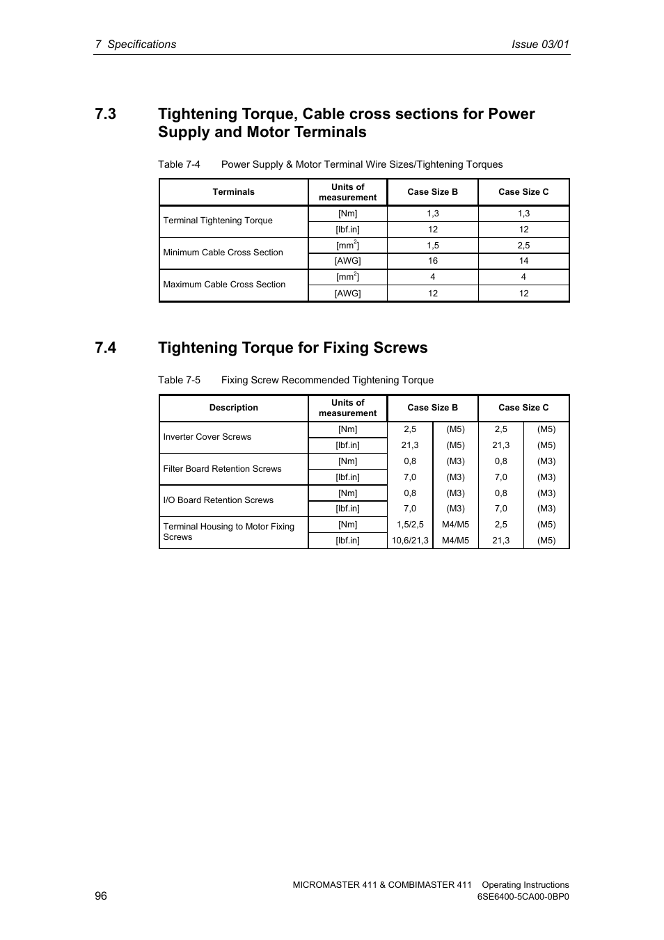 4 tightening torque for fixing screws | Siemens MICROMASTER 411 User Manual | Page 96 / 164