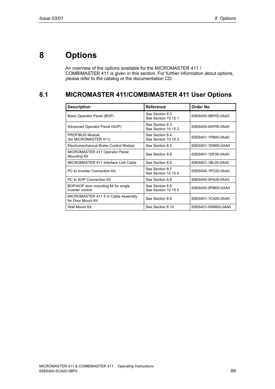 8 options, 1 micromaster 411/combimaster 411 user options | Siemens MICROMASTER 411 User Manual | Page 99 / 164