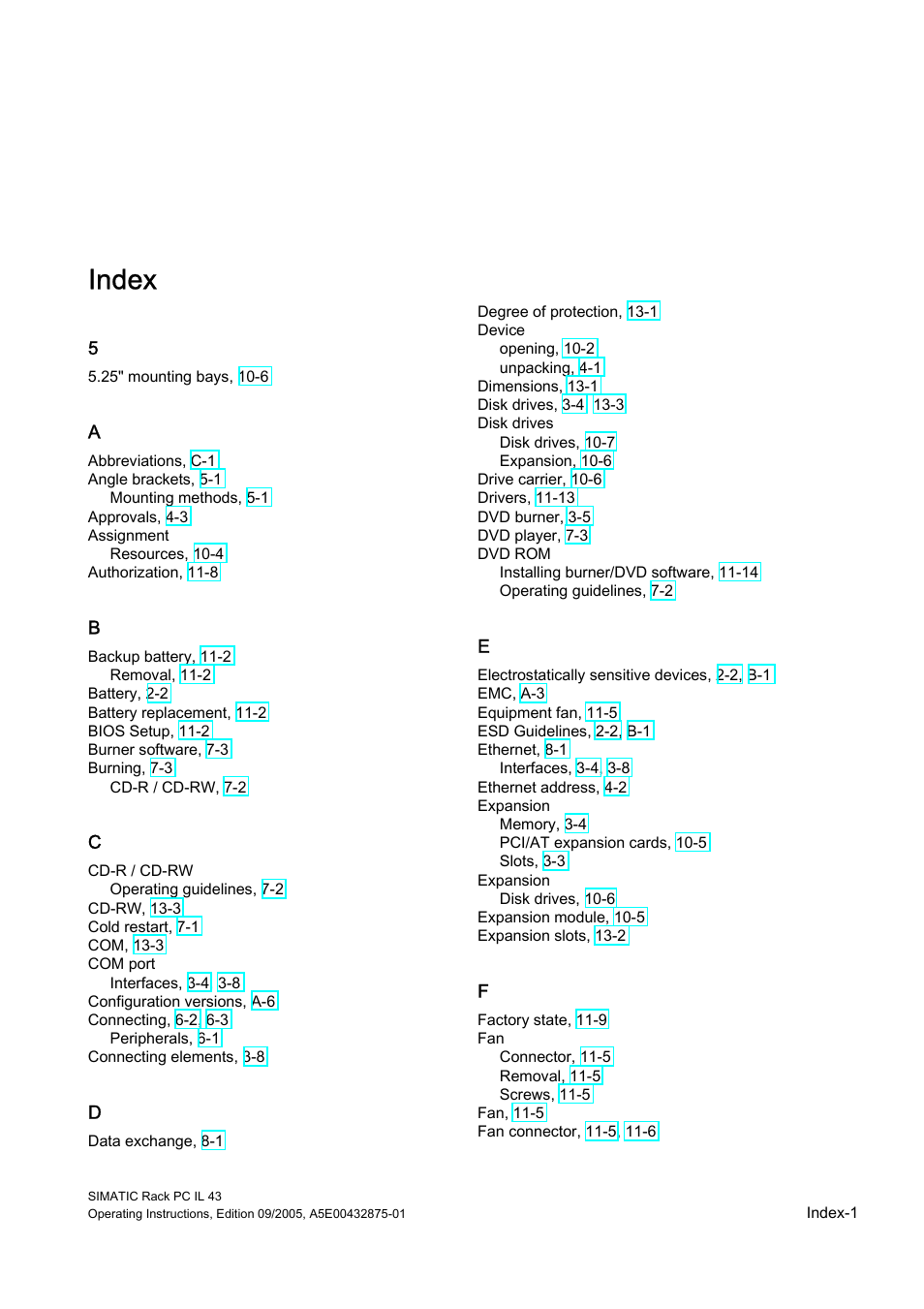 Index, Index-1 | Siemens SIMATIC INDUSTRIAL PC PCIL43 User Manual | Page 107 / 112