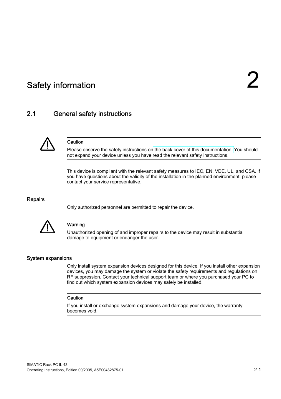 2 safety information, 1 general safety instructions, Safety information | Siemens SIMATIC INDUSTRIAL PC PCIL43 User Manual | Page 11 / 112