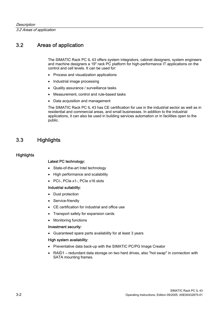 2 areas of application, 3 highlights, Areas of application | Highlights | Siemens SIMATIC INDUSTRIAL PC PCIL43 User Manual | Page 14 / 112