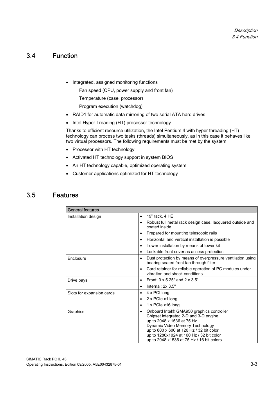 4 function, 5 features, Function | Features | Siemens SIMATIC INDUSTRIAL PC PCIL43 User Manual | Page 15 / 112