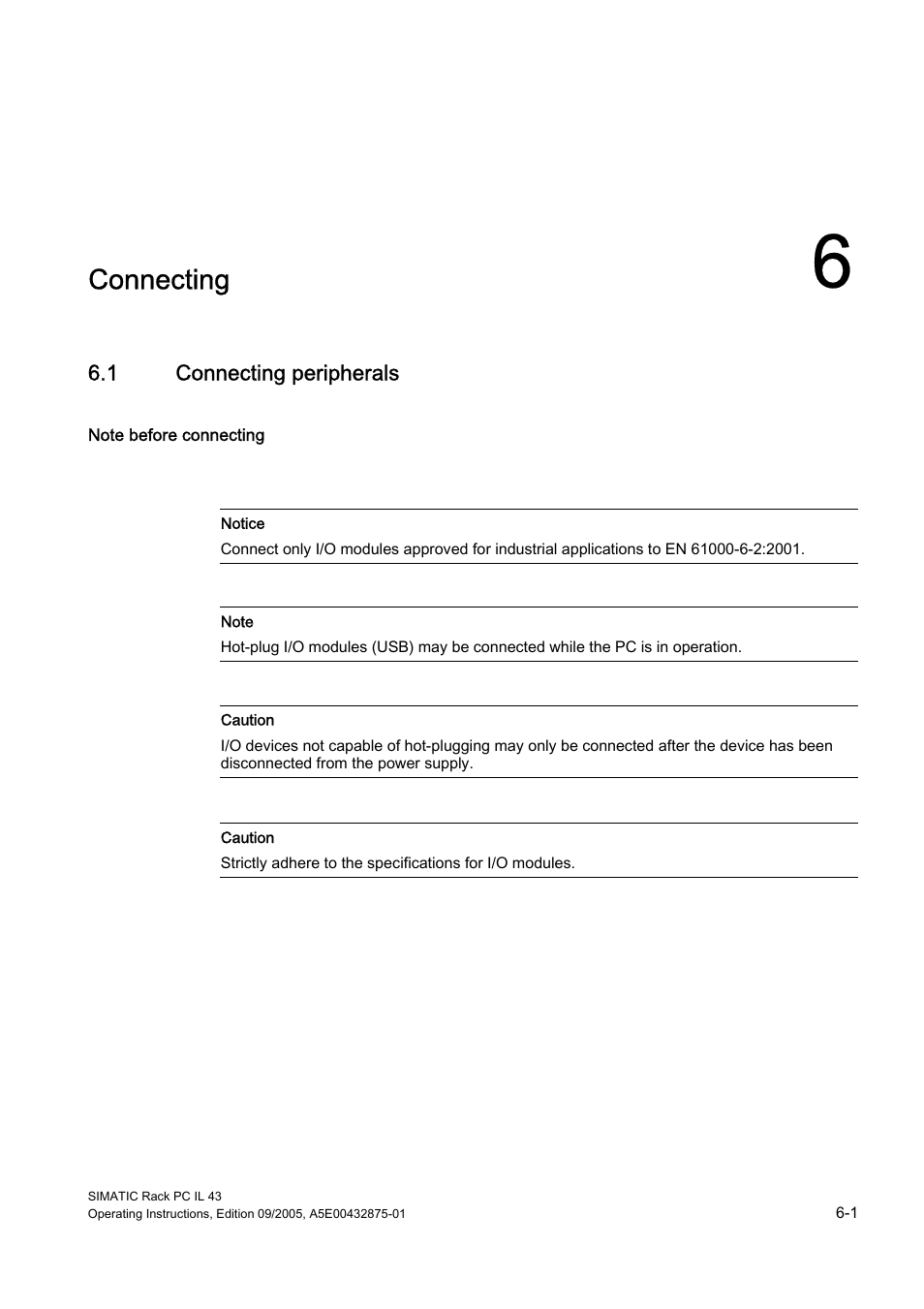 6 connecting, 1 connecting peripherals, Connecting | Siemens SIMATIC INDUSTRIAL PC PCIL43 User Manual | Page 29 / 112