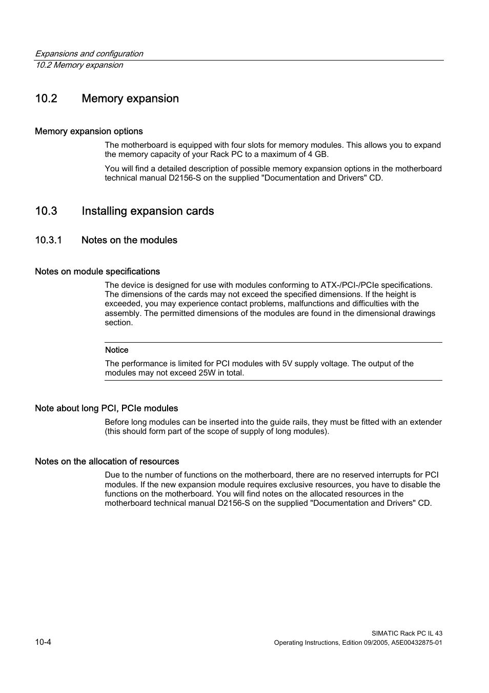 2 memory expansion, 3 installing expansion cards, 1 notes on the modules | Installing expansion cards | Siemens SIMATIC INDUSTRIAL PC PCIL43 User Manual | Page 50 / 112