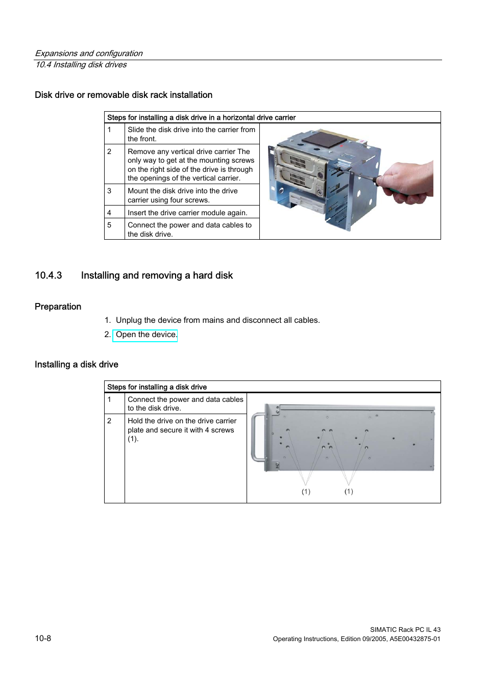 3 installing and removing a hard disk | Siemens SIMATIC INDUSTRIAL PC PCIL43 User Manual | Page 54 / 112