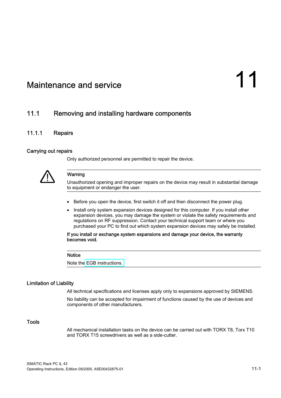 11 maintenance and service, 1 removing and installing hardware components, 1 repairs | Maintenance and service | Siemens SIMATIC INDUSTRIAL PC PCIL43 User Manual | Page 55 / 112