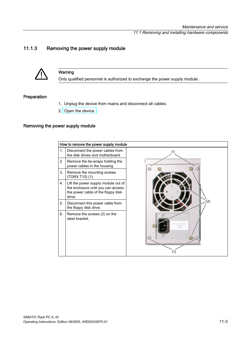 3 removing the power supply module | Siemens SIMATIC INDUSTRIAL PC PCIL43 User Manual | Page 57 / 112