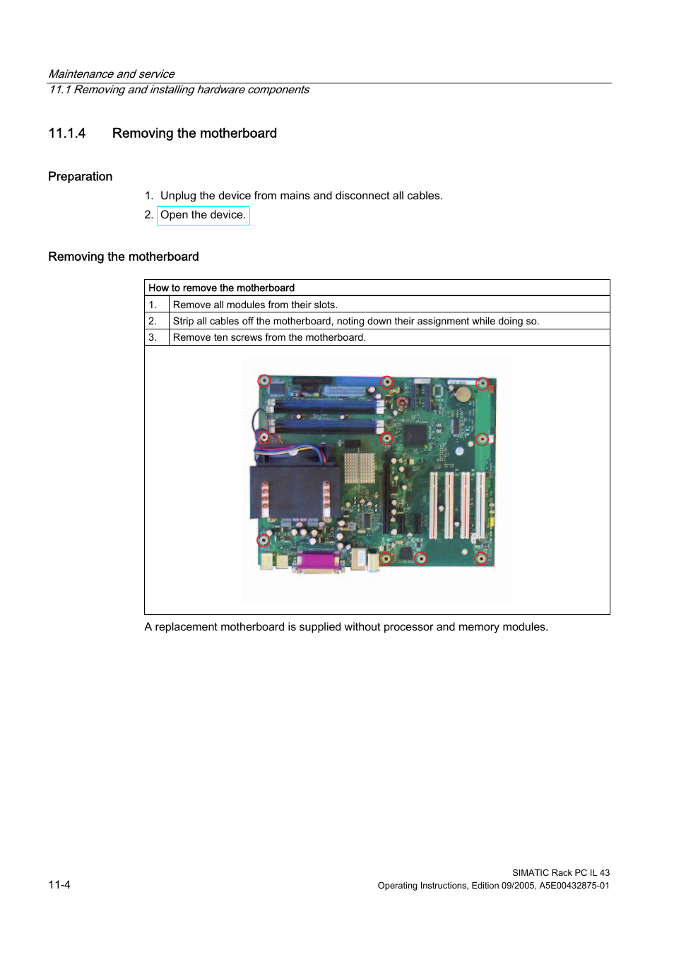 4 removing the motherboard | Siemens SIMATIC INDUSTRIAL PC PCIL43 User Manual | Page 58 / 112