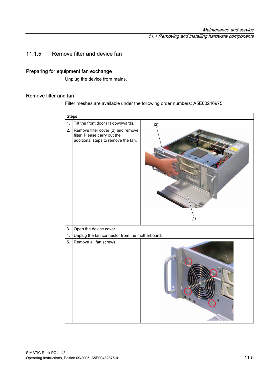 5 remove filter and device fan | Siemens SIMATIC INDUSTRIAL PC PCIL43 User Manual | Page 59 / 112