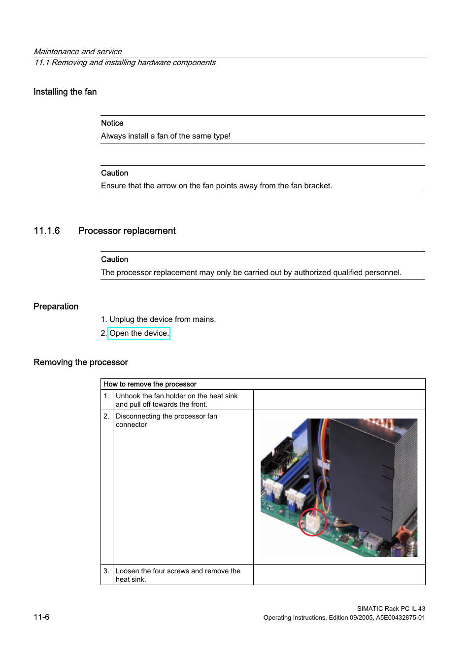 6 processor replacement | Siemens SIMATIC INDUSTRIAL PC PCIL43 User Manual | Page 60 / 112