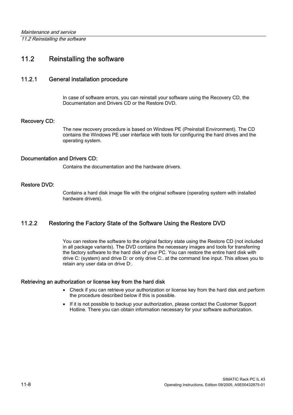 2 reinstalling the software, 1 general installation procedure, Reinstalling the software | Siemens SIMATIC INDUSTRIAL PC PCIL43 User Manual | Page 62 / 112
