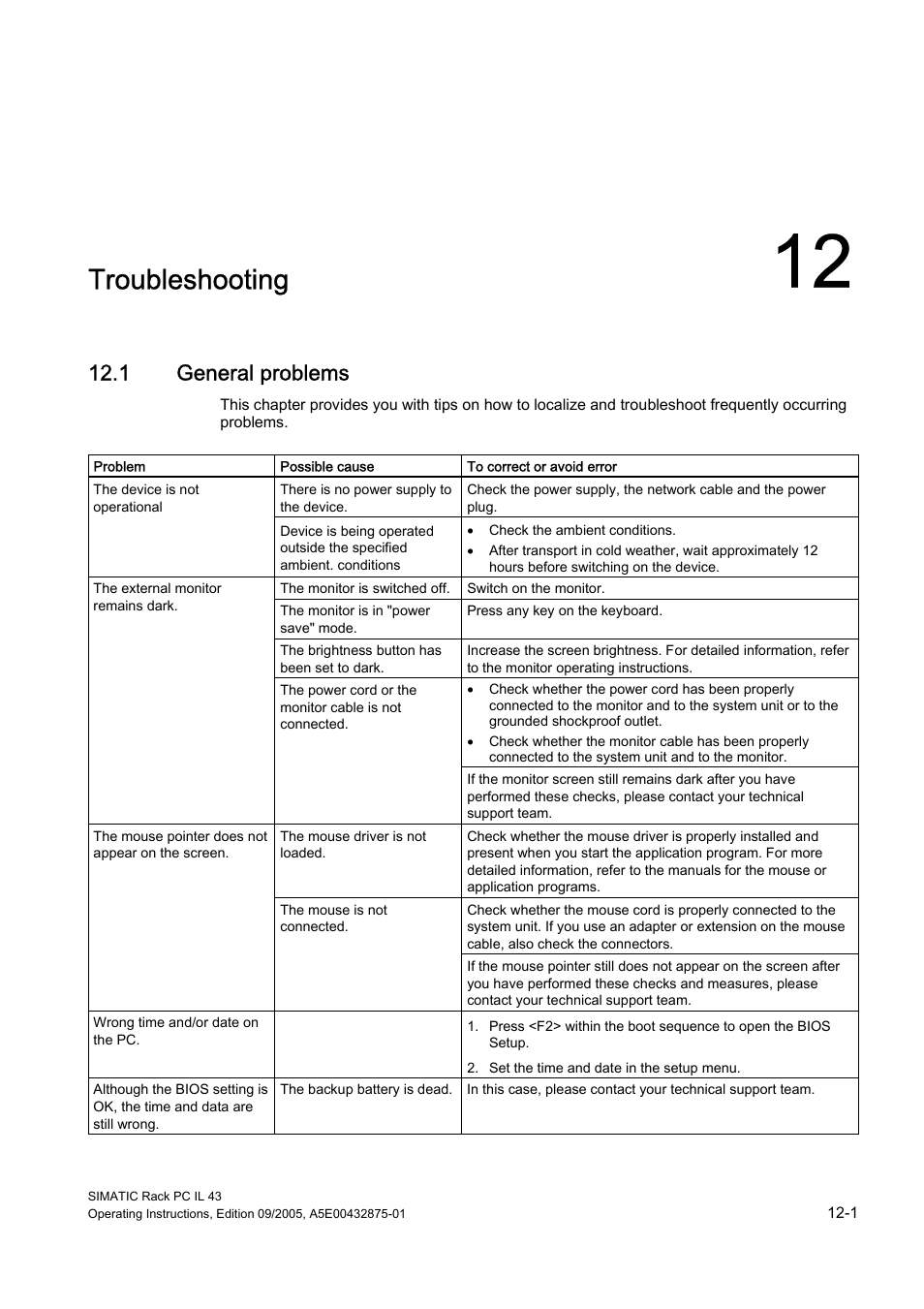 12 troubleshooting, 1 general problems, Troubleshooting | General problems | Siemens SIMATIC INDUSTRIAL PC PCIL43 User Manual | Page 69 / 112