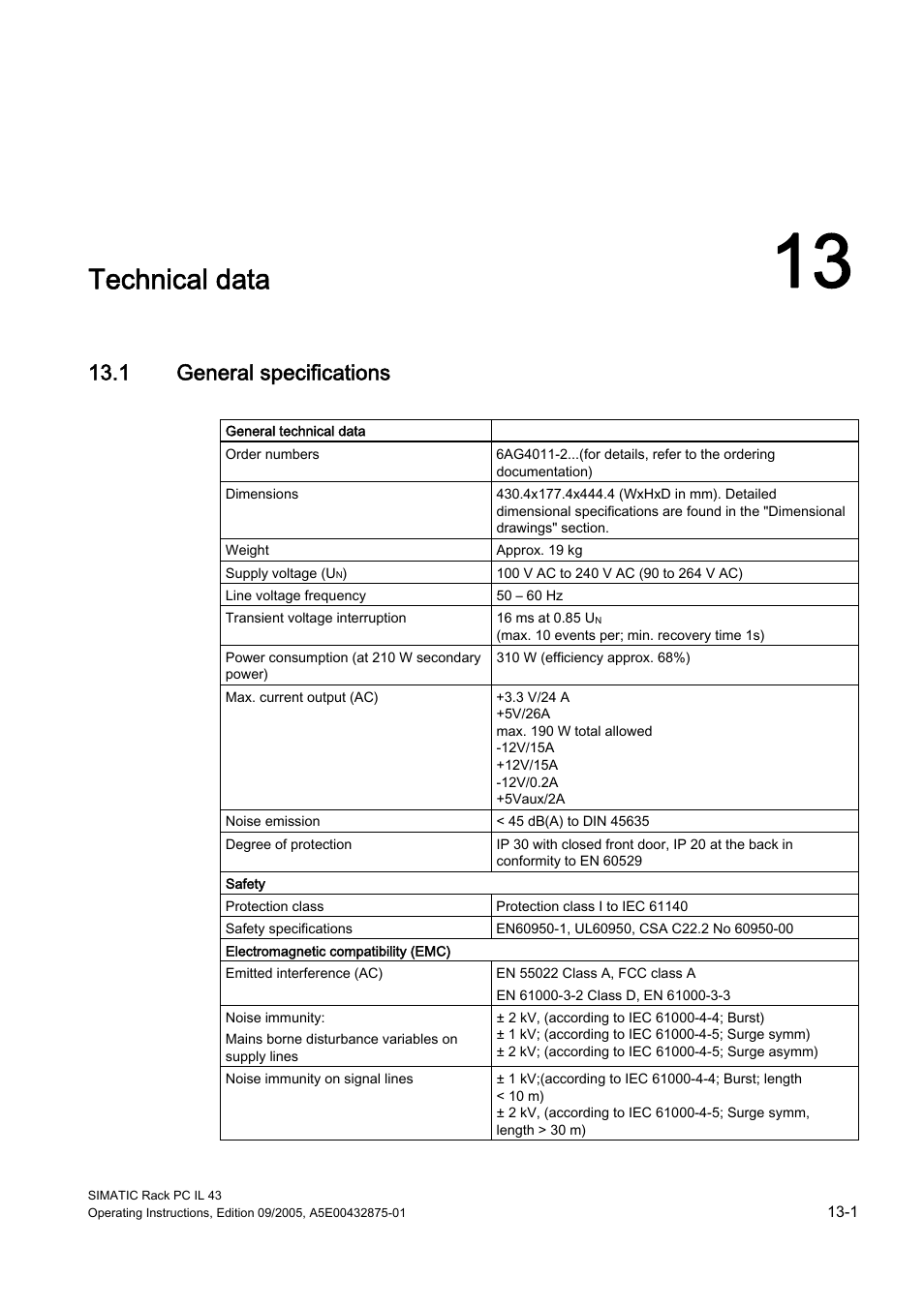 13 technical data, 1 general specifications, Technical data | General specifications | Siemens SIMATIC INDUSTRIAL PC PCIL43 User Manual | Page 71 / 112