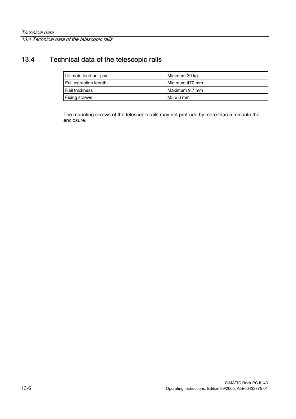 4 technical data of the telescopic rails, Technical data of the telescopic rails | Siemens SIMATIC INDUSTRIAL PC PCIL43 User Manual | Page 76 / 112