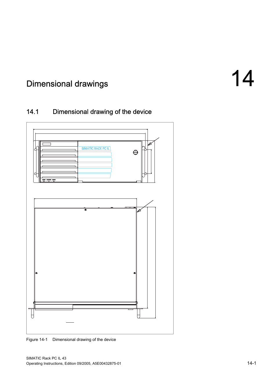 14 dimensional drawings, 1 dimensional drawing of the device, Dimensional drawings | Dimensional drawing of the device | Siemens SIMATIC INDUSTRIAL PC PCIL43 User Manual | Page 77 / 112