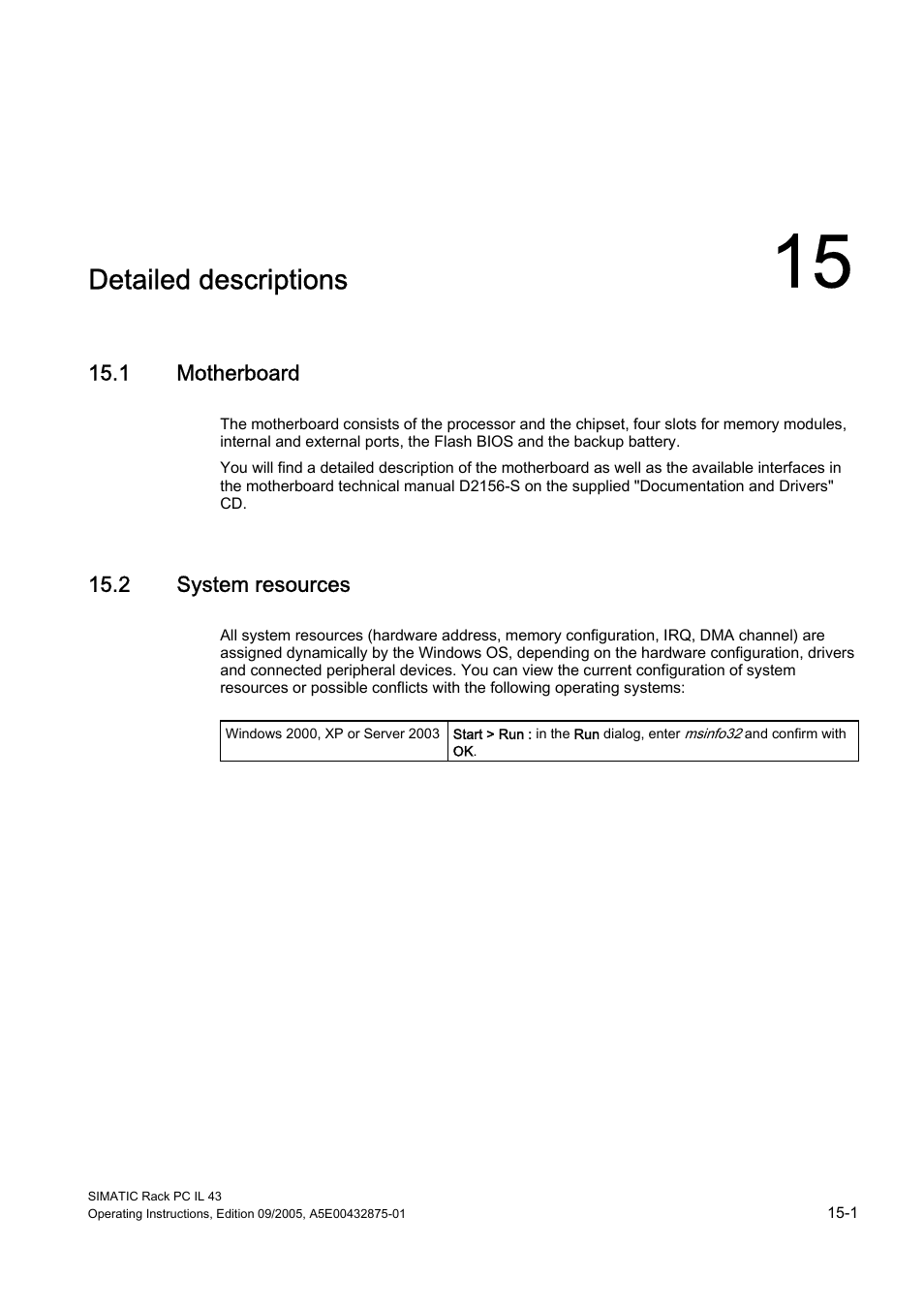 15 detailed descriptions, 1 motherboard, 2 system resources | Detailed descriptions | Siemens SIMATIC INDUSTRIAL PC PCIL43 User Manual | Page 79 / 112