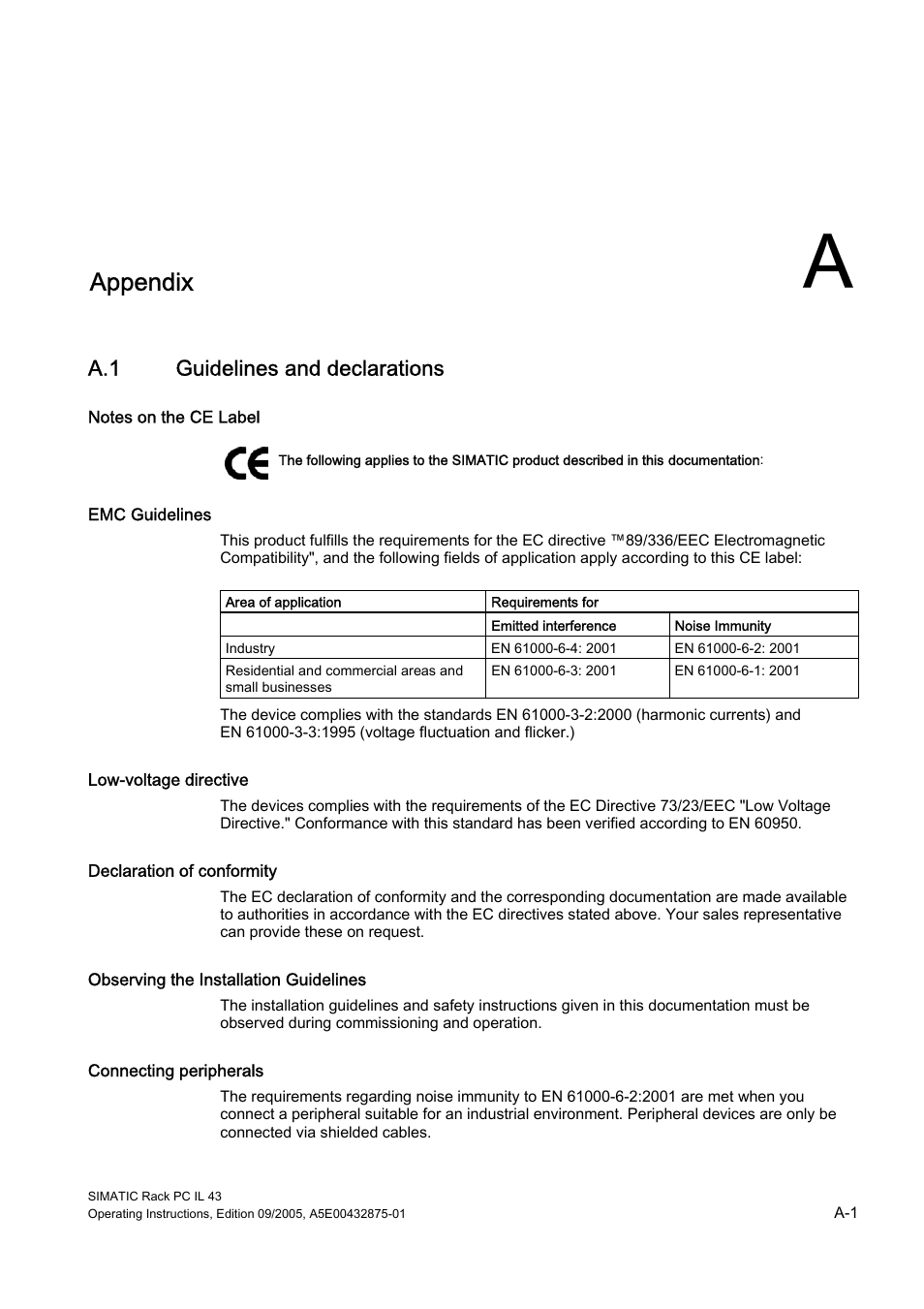 A appendix, A.1 guidelines and declarations, Appendix | Guidelines and declarations | Siemens SIMATIC INDUSTRIAL PC PCIL43 User Manual | Page 81 / 112