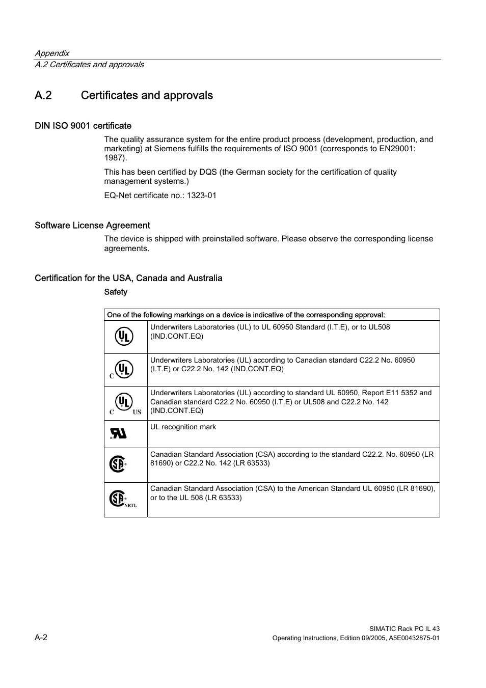 A.2 certificates and approvals, Certificates and approvals | Siemens SIMATIC INDUSTRIAL PC PCIL43 User Manual | Page 82 / 112