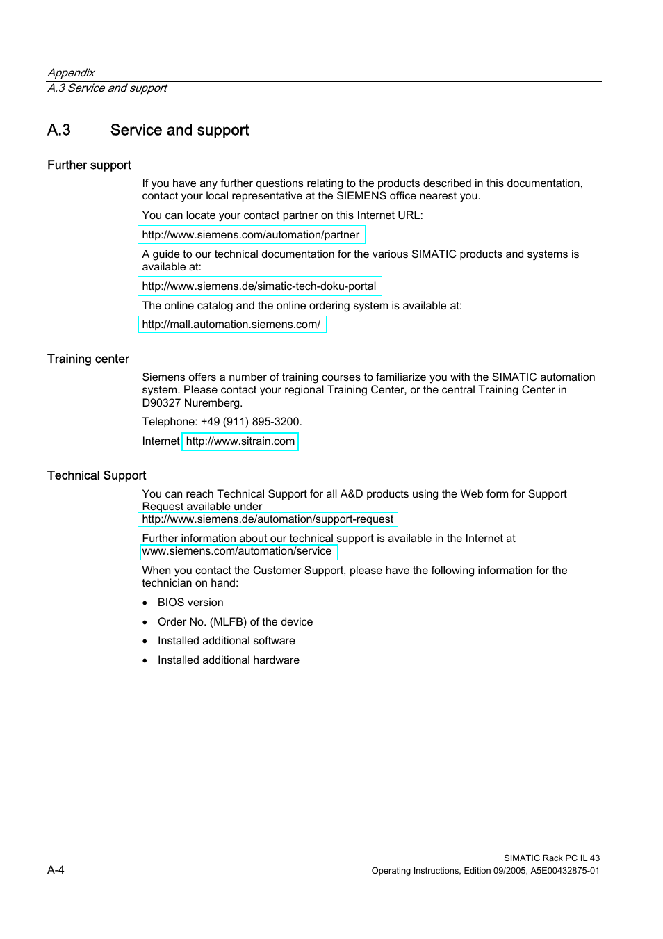 A.3 service and support, Service and support | Siemens SIMATIC INDUSTRIAL PC PCIL43 User Manual | Page 84 / 112