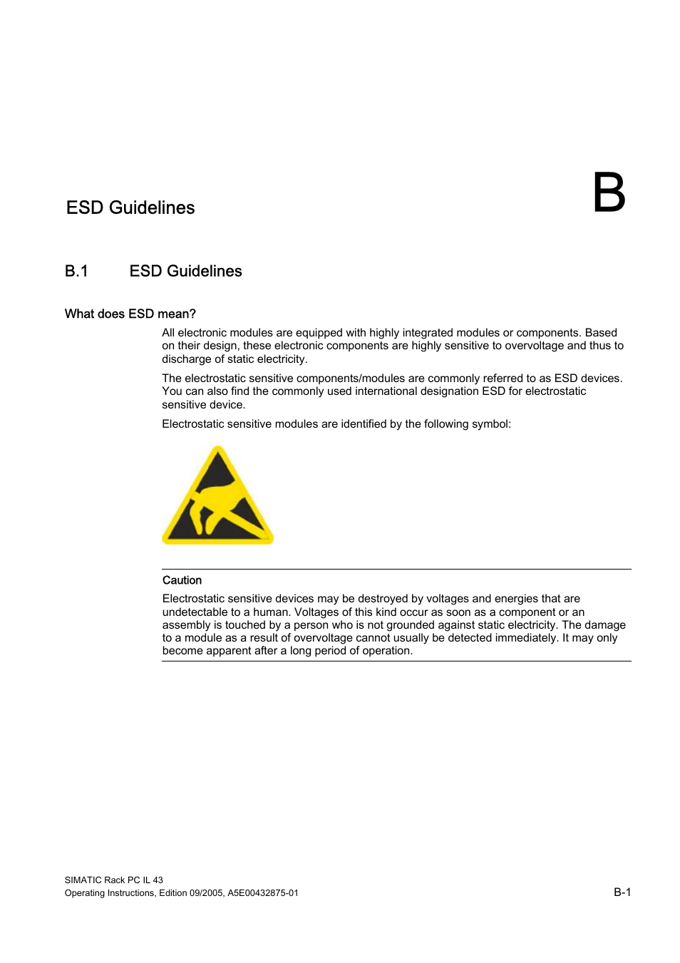 B esd guidelines, Esd guidelines | Siemens SIMATIC INDUSTRIAL PC PCIL43 User Manual | Page 87 / 112