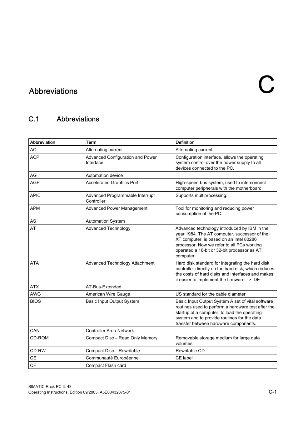 C abbreviations, Abbreviations | Siemens SIMATIC INDUSTRIAL PC PCIL43 User Manual | Page 89 / 112