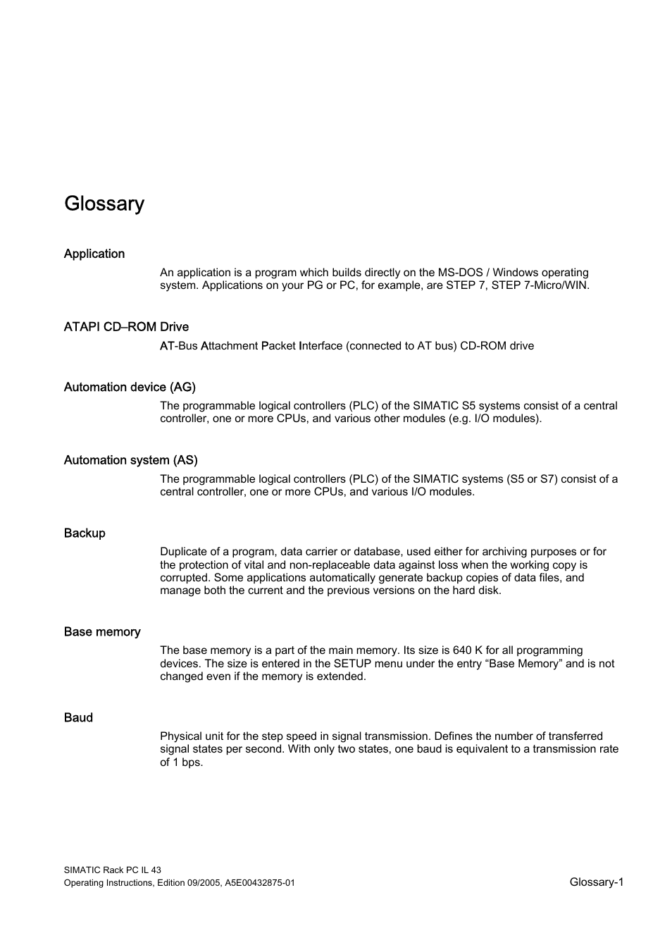 Glossary, Glossary-1 | Siemens SIMATIC INDUSTRIAL PC PCIL43 User Manual | Page 97 / 112