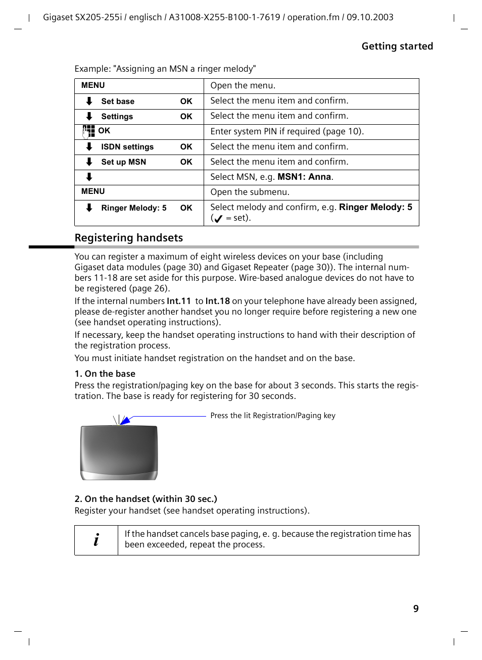 Registering handsets | Siemens GIGASET SX255 User Manual | Page 10 / 52