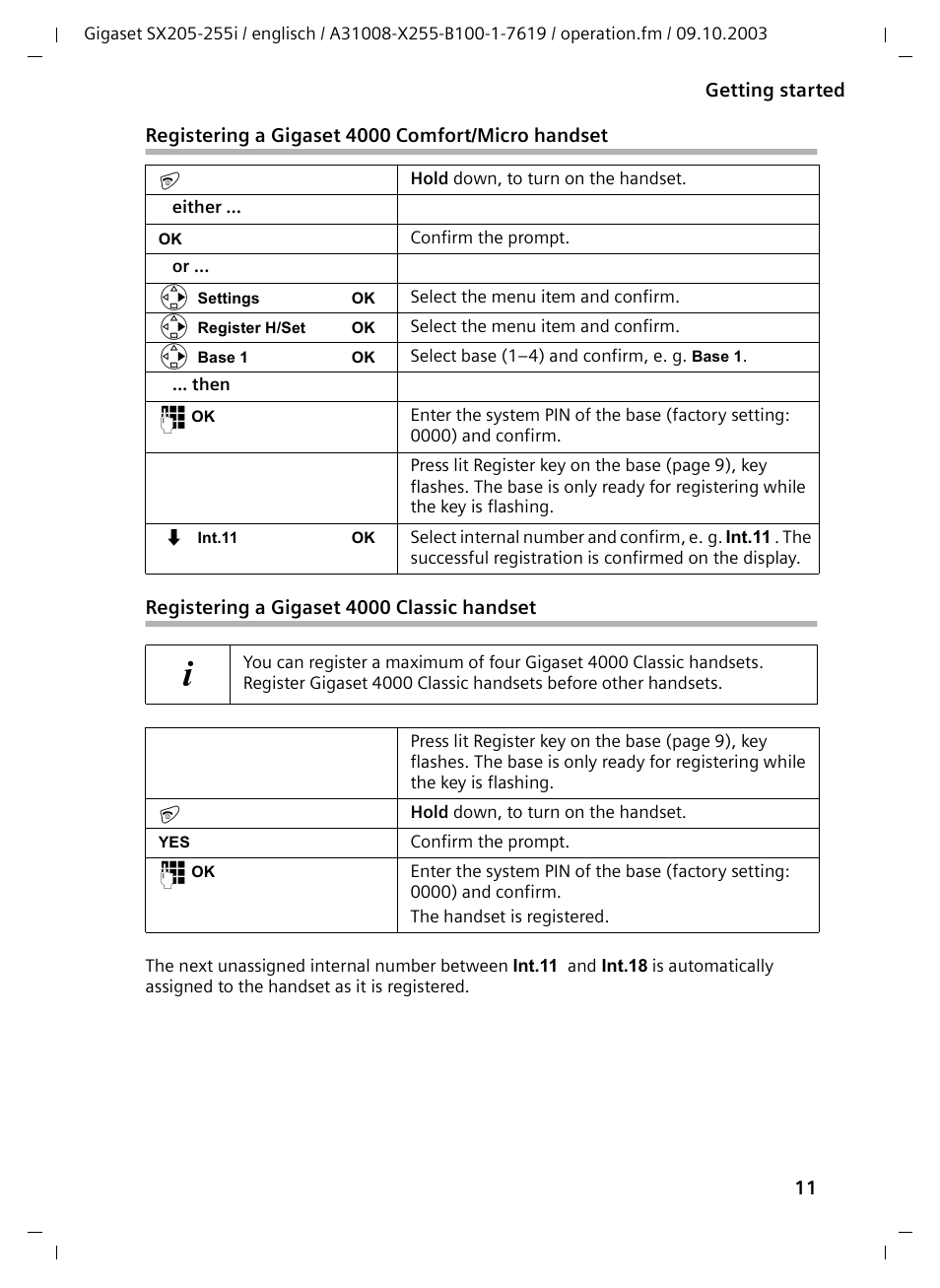 Registering a gigaset4000comfort/micro handset, Registering a gigaset4000classic handset | Siemens GIGASET SX255 User Manual | Page 12 / 52