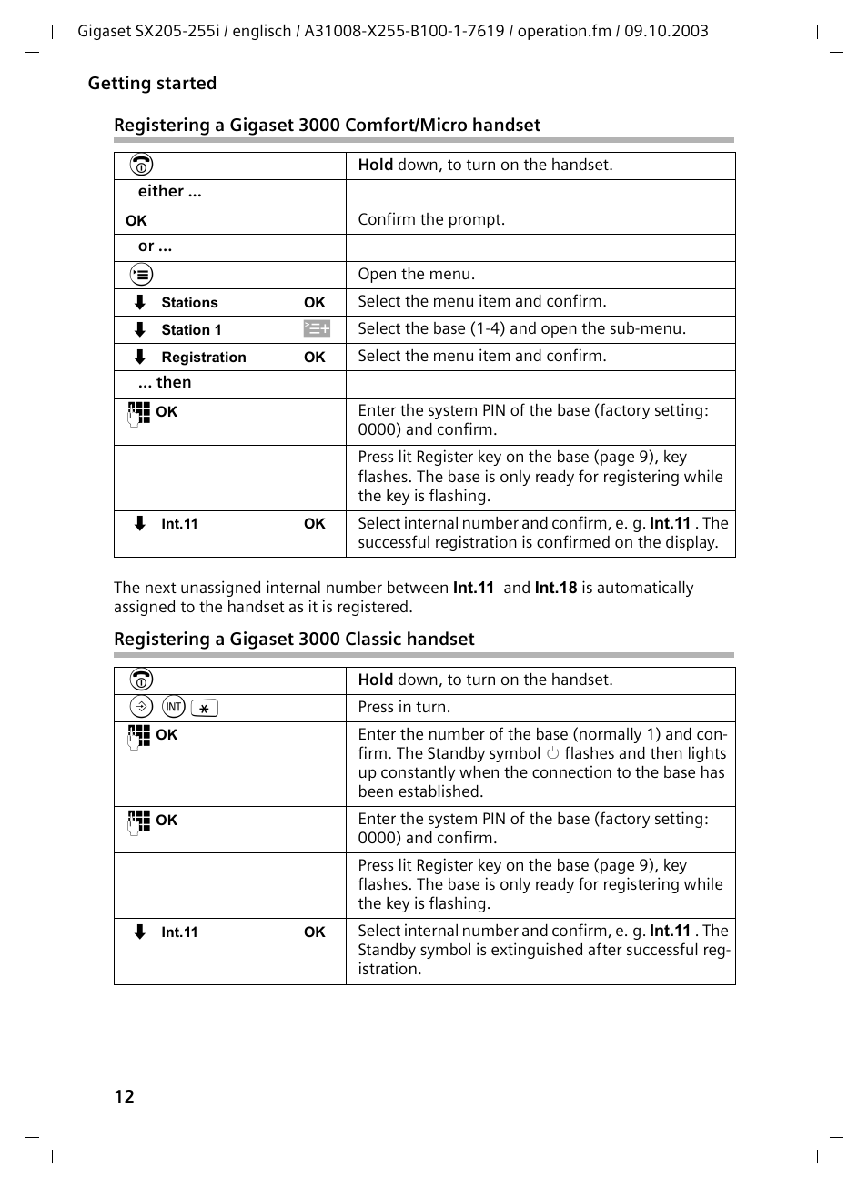 Registering a gigaset3000comfort/micro handset, Registering a gigaset3000classic handset | Siemens GIGASET SX255 User Manual | Page 13 / 52