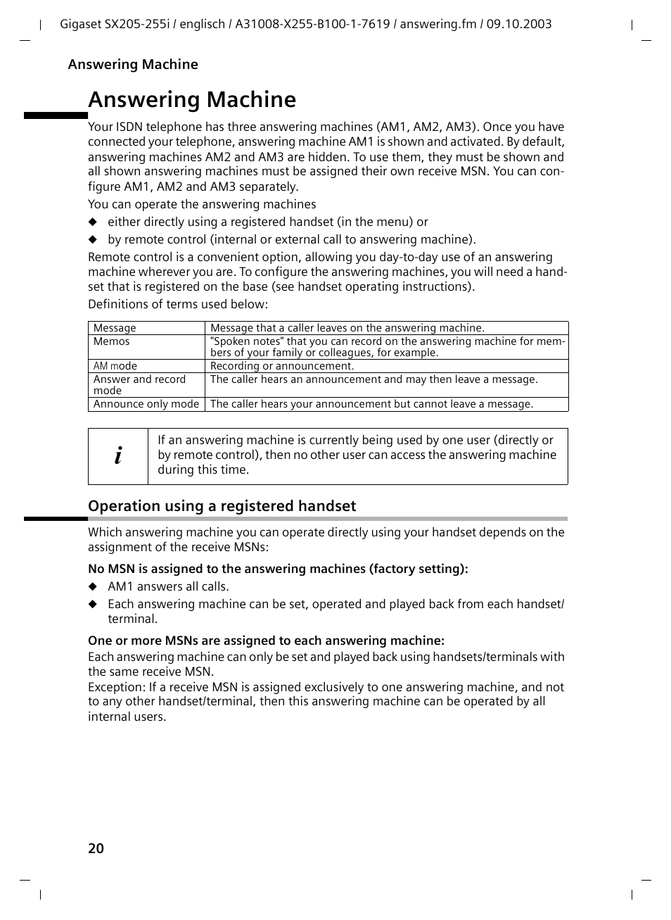 Answering machine, Operation using a registered handset | Siemens GIGASET SX255 User Manual | Page 21 / 52