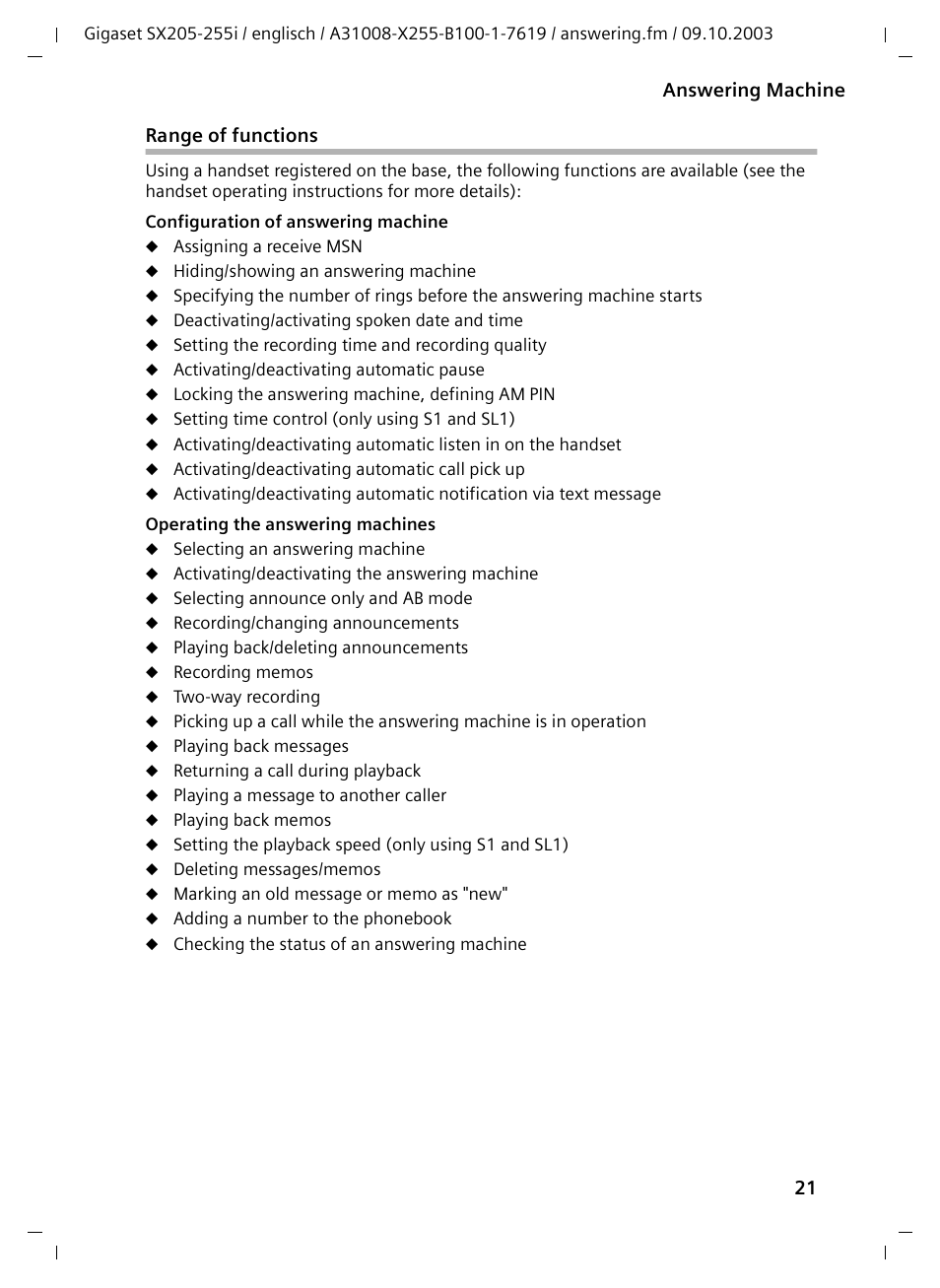 Range of functions | Siemens GIGASET SX255 User Manual | Page 22 / 52