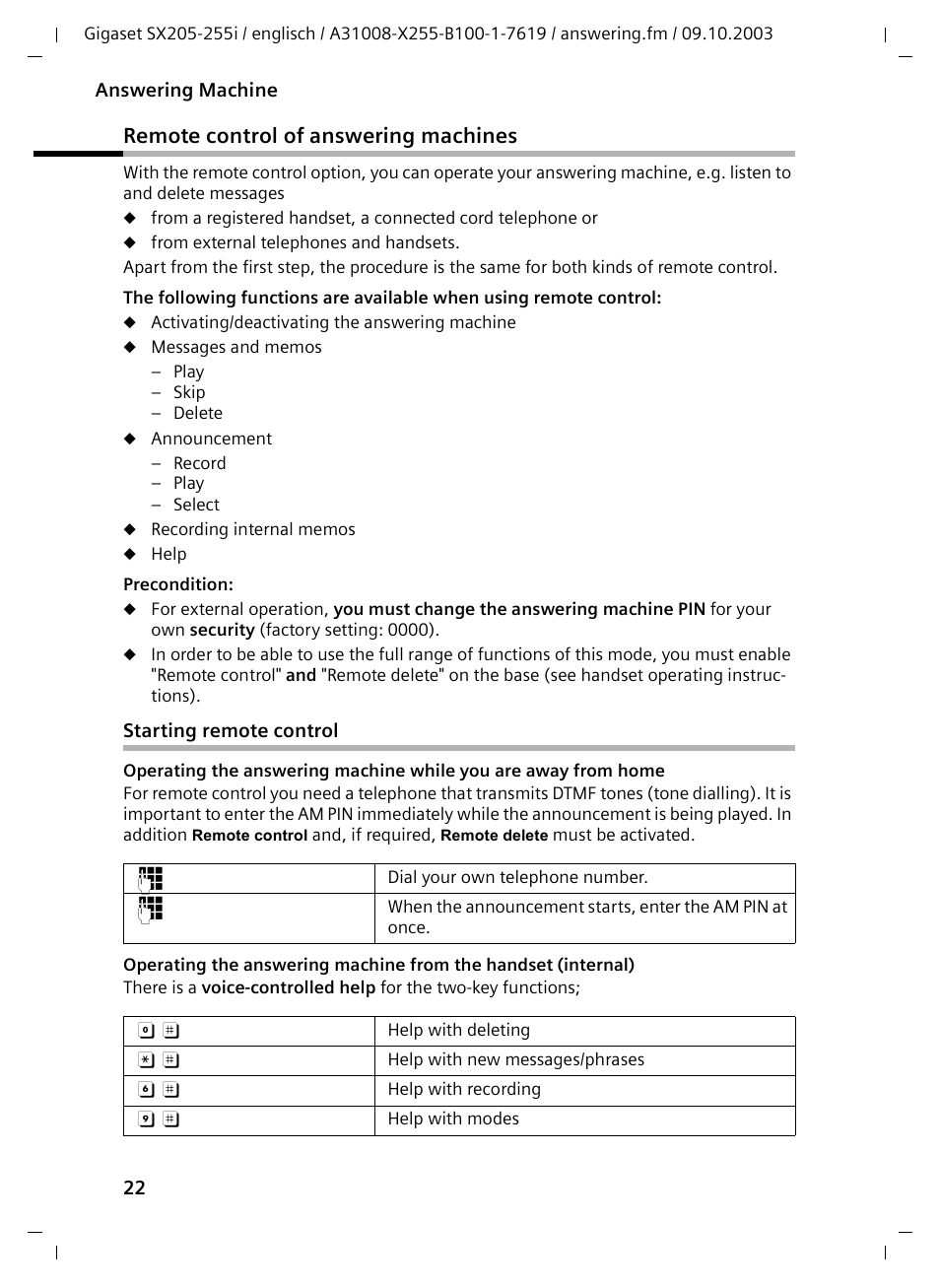 Remote control of answering machines, Starting remote control | Siemens GIGASET SX255 User Manual | Page 23 / 52