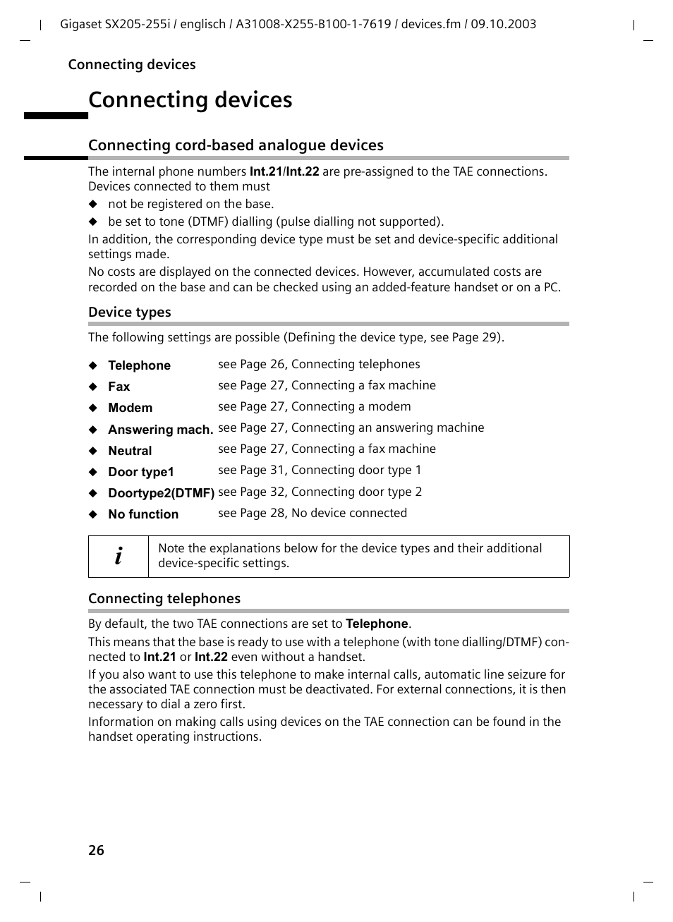 Connecting devices, Connecting cord-based analogue devices, Device types | Connecting telephones | Siemens GIGASET SX255 User Manual | Page 27 / 52