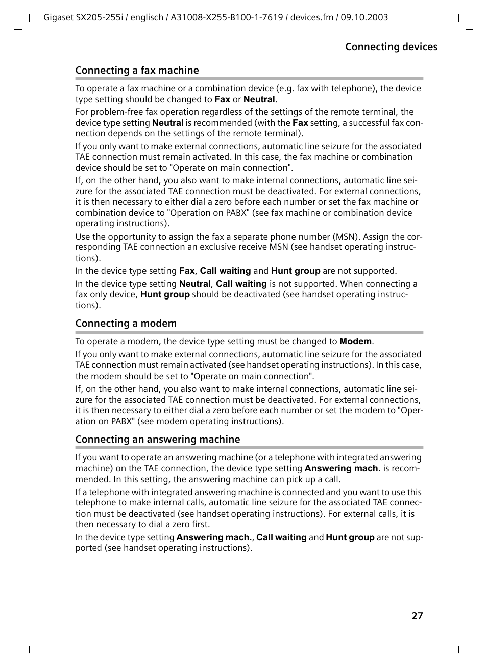 Connecting a fax machine, Connecting a modem, Connecting an answering machine | Siemens GIGASET SX255 User Manual | Page 28 / 52