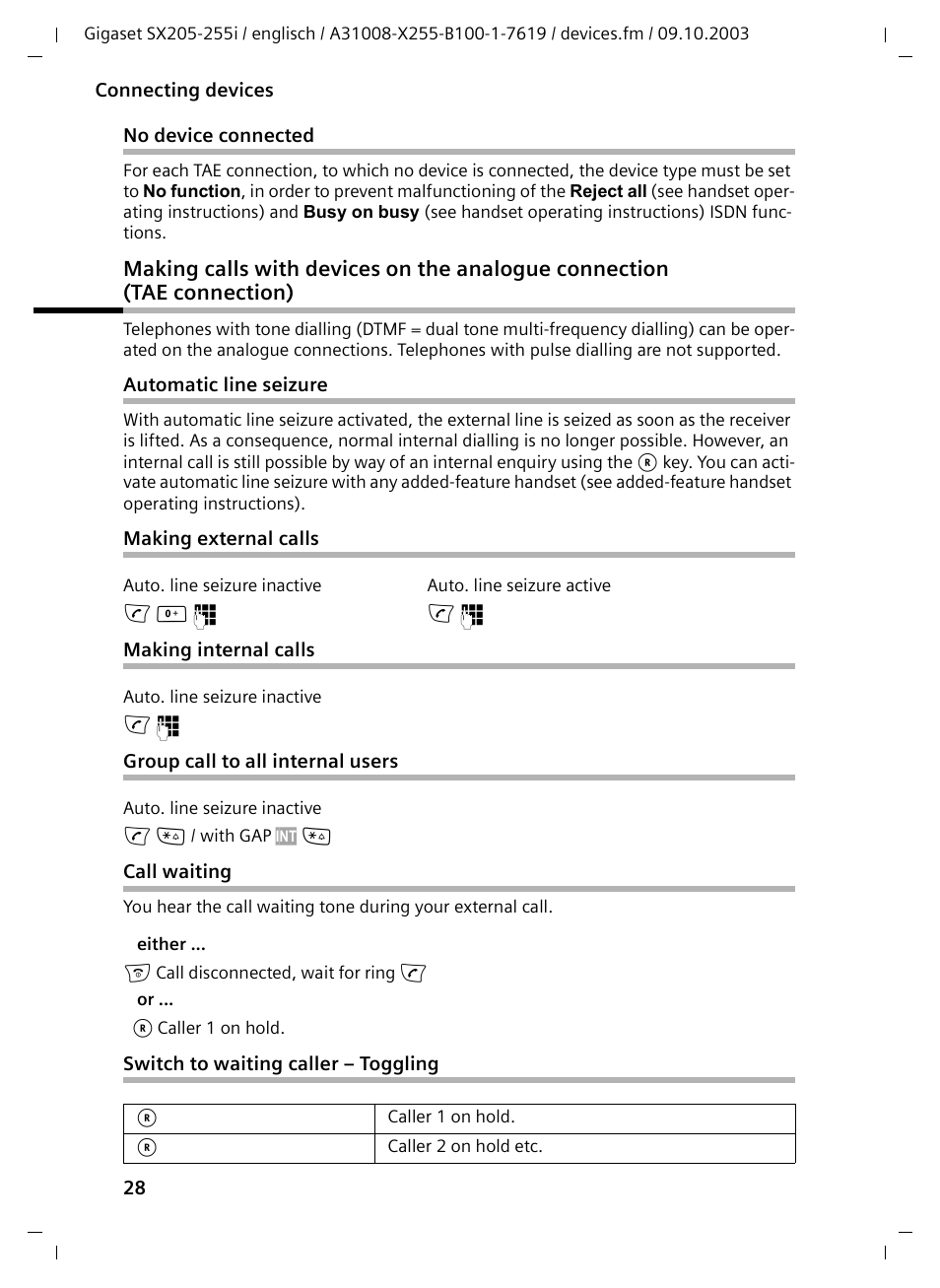 No device connected, Automatic line seizure, Making external calls | Making internal calls, Group call to all internal users, Call waiting, Switch to waiting caller – toggling | Siemens GIGASET SX255 User Manual | Page 29 / 52